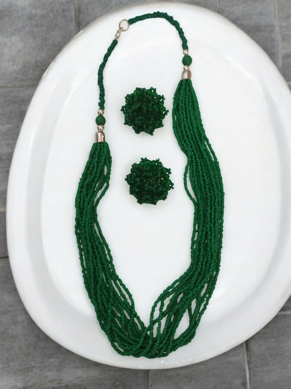 Inhanns Bloom Handmade Beaded Necklace With Earrings - 12 Layers - Darkgreen Necklace Set | Grocsy