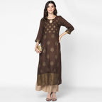 Indian Clothing Cheera Hand Block Print Brown A Line Kurta (MAAI-055K) | Grocsy