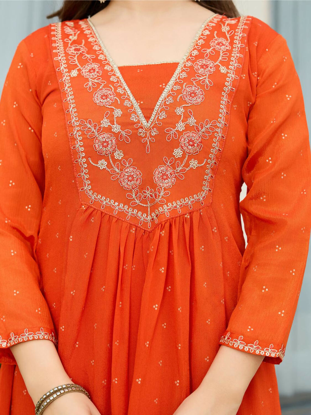 The52 Orange Women's Gorgeous Embroidered Chinon Fabric Flared Kurta Pant and Dupatta Set | Grocsy