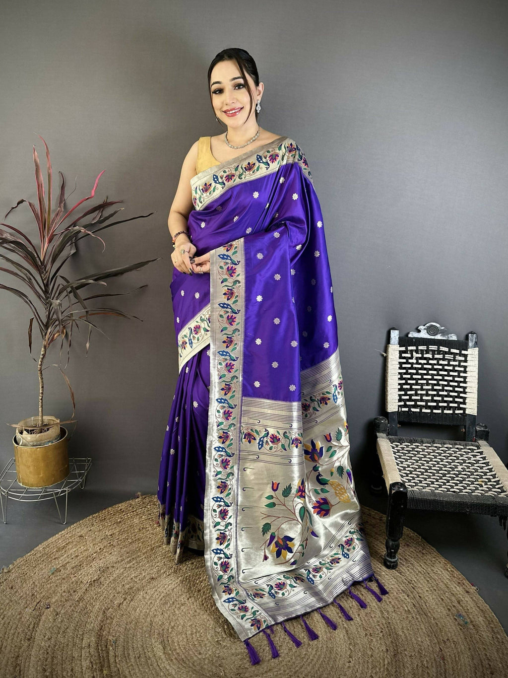Prime Volt Premium Soft Silk Mayur Paithani Saree with Peacock Meena Weaving & Rich Pallu-Royal Purple | Grocsy