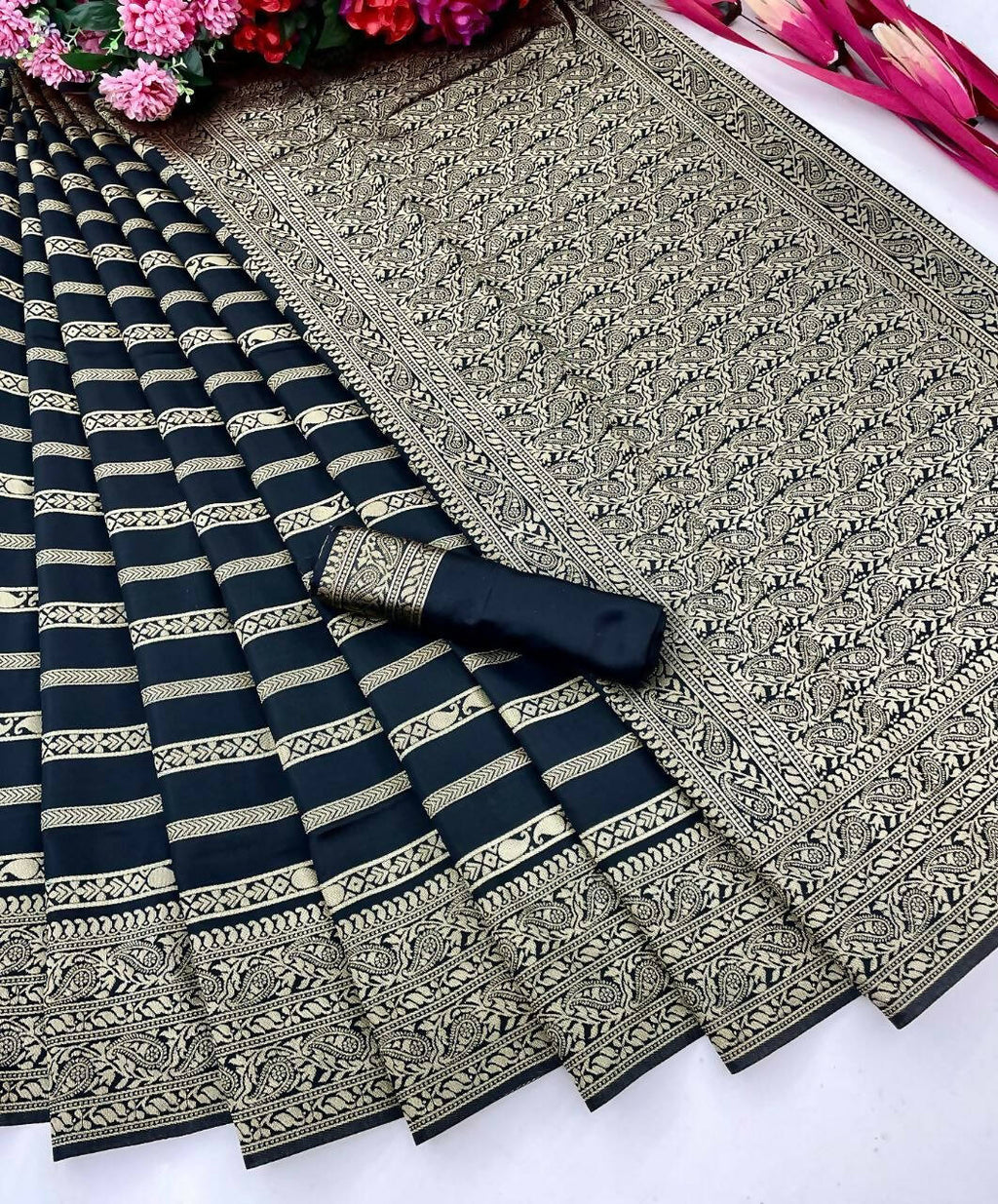 DEIANA'S Beautiful Designer Golden zari Soft Lichi Silk Saree - Black | Grocsy