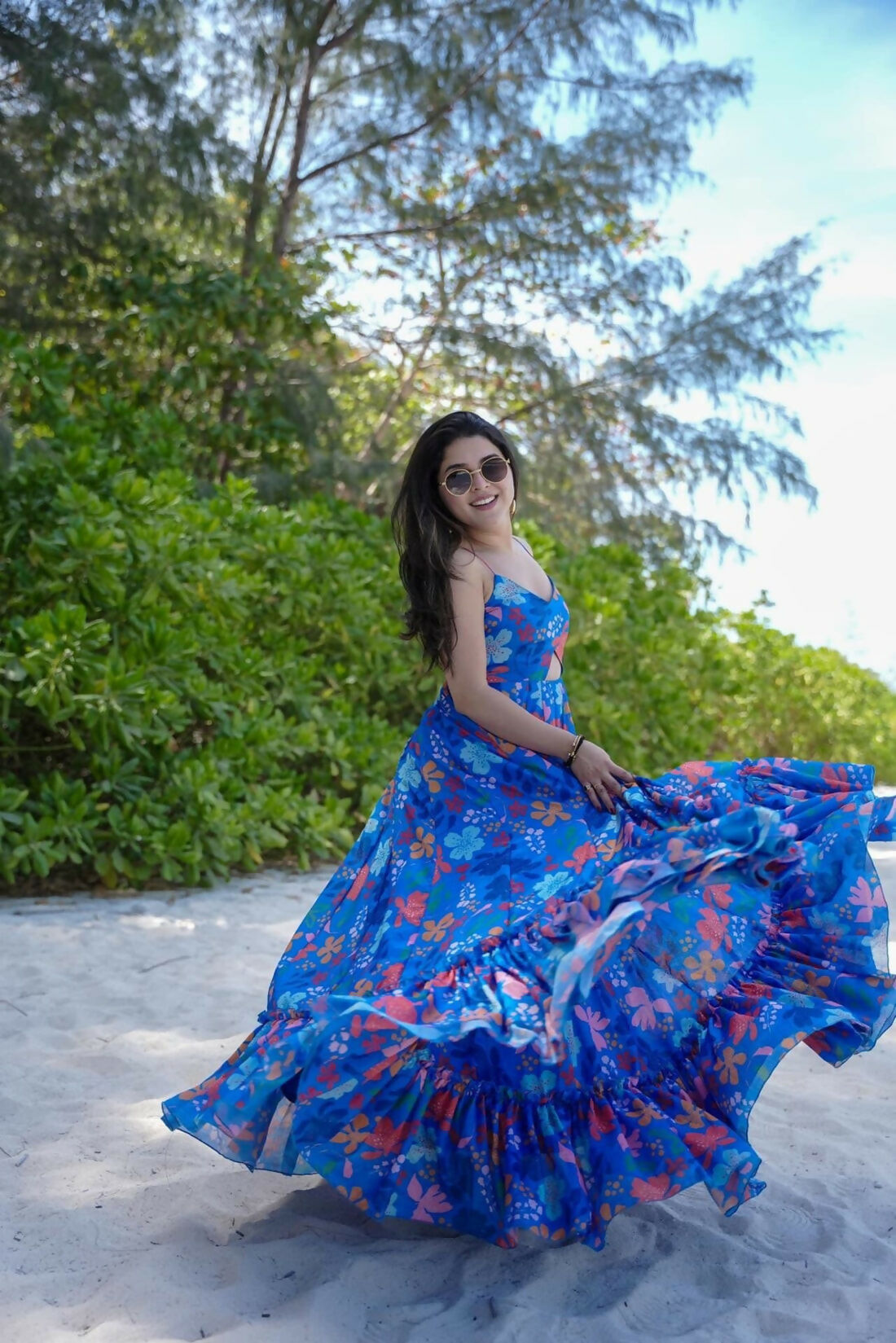 The52 Women's Gorgeous Flared Partywear Designer Poly Rayon Gown-Blue | Grocsy