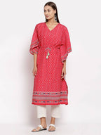 Myshka Women's Red Cotton Printed 3/4 Sleeve V Neck Casual Kaftan | Grocsy