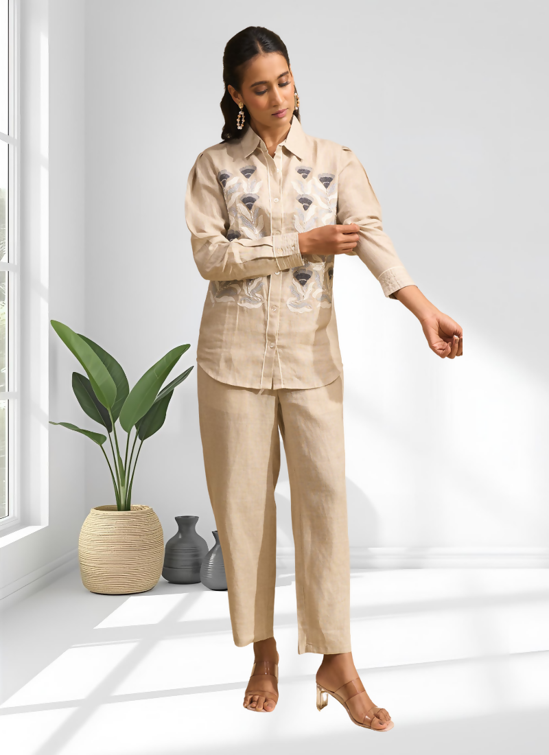 Joban Fashion Beige Linen Embroidered Readymade Cord Set | Grocsy