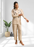 Joban Fashion Beige Linen Embroidered Readymade Cord Set | Grocsy