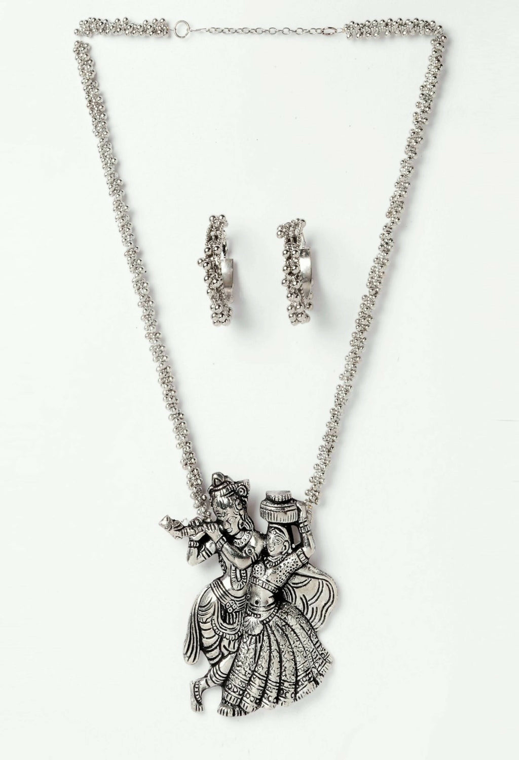 Mominos Fashion Johar Kamal Silver-Plated Brass Finish Radha Kishan Long Neckalce Combo Set For Women