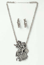 Mominos Fashion Johar Kamal Silver-Plated Brass Finish Radha Kishan Long Neckalce Combo Set For Women