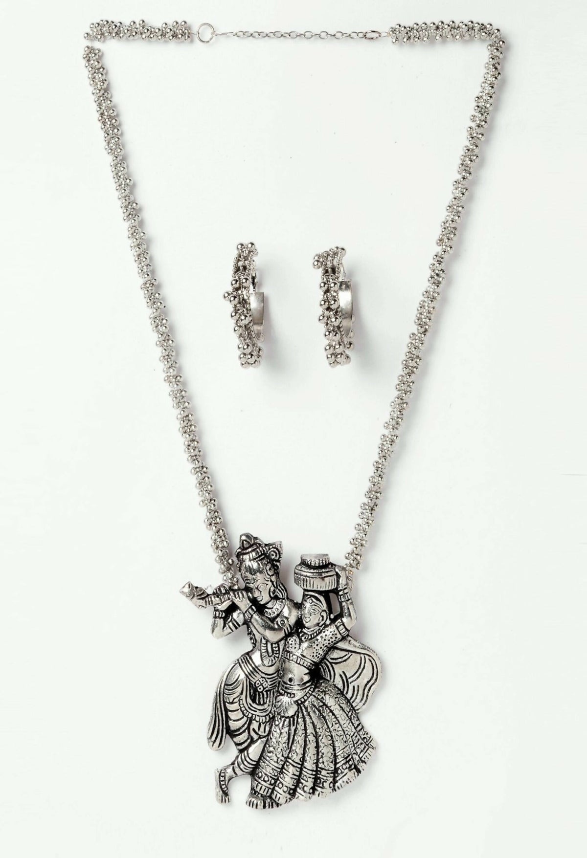 Mominos Fashion Johar Kamal Silver-Plated Brass Finish Radha Kishan Long Neckalce Combo Set For Women