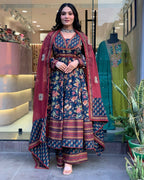The52 Women's Beautiful Cotton Fabric Printed Work Flared Kurta Palazzo and Dupatta Set | Grocsy