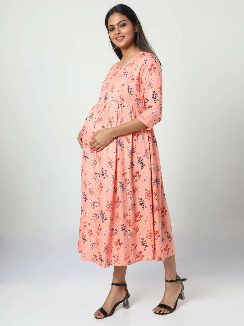 Manet Three Fourth Maternity Dress Floral Print With Concealed Zipper Nursing Access - Orange | Grocsy