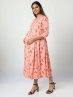 Manet Three Fourth Maternity Dress Floral Print With Concealed Zipper Nursing Access - Orange | Grocsy