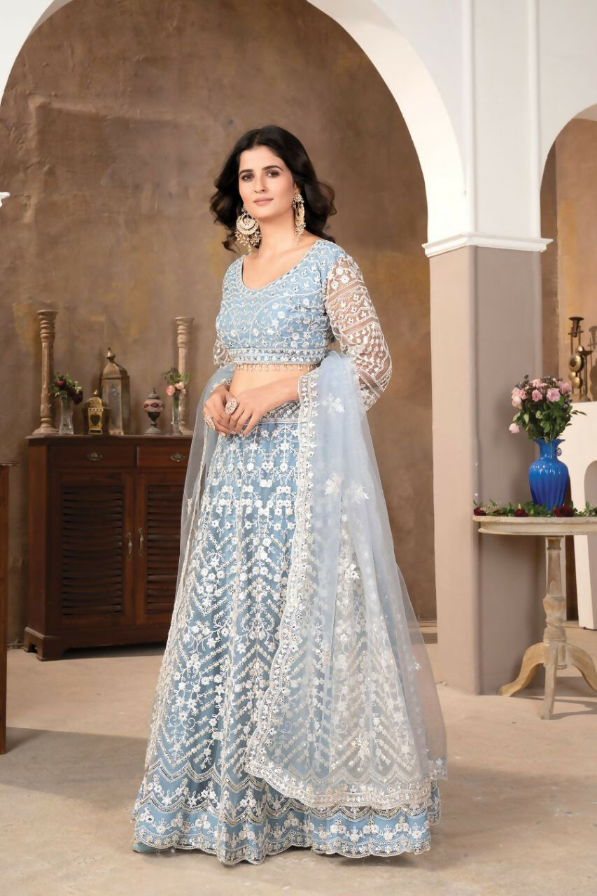 Eilara Praiseworthy Sky Blue Embroidered Lehenga Choli | Grocsy