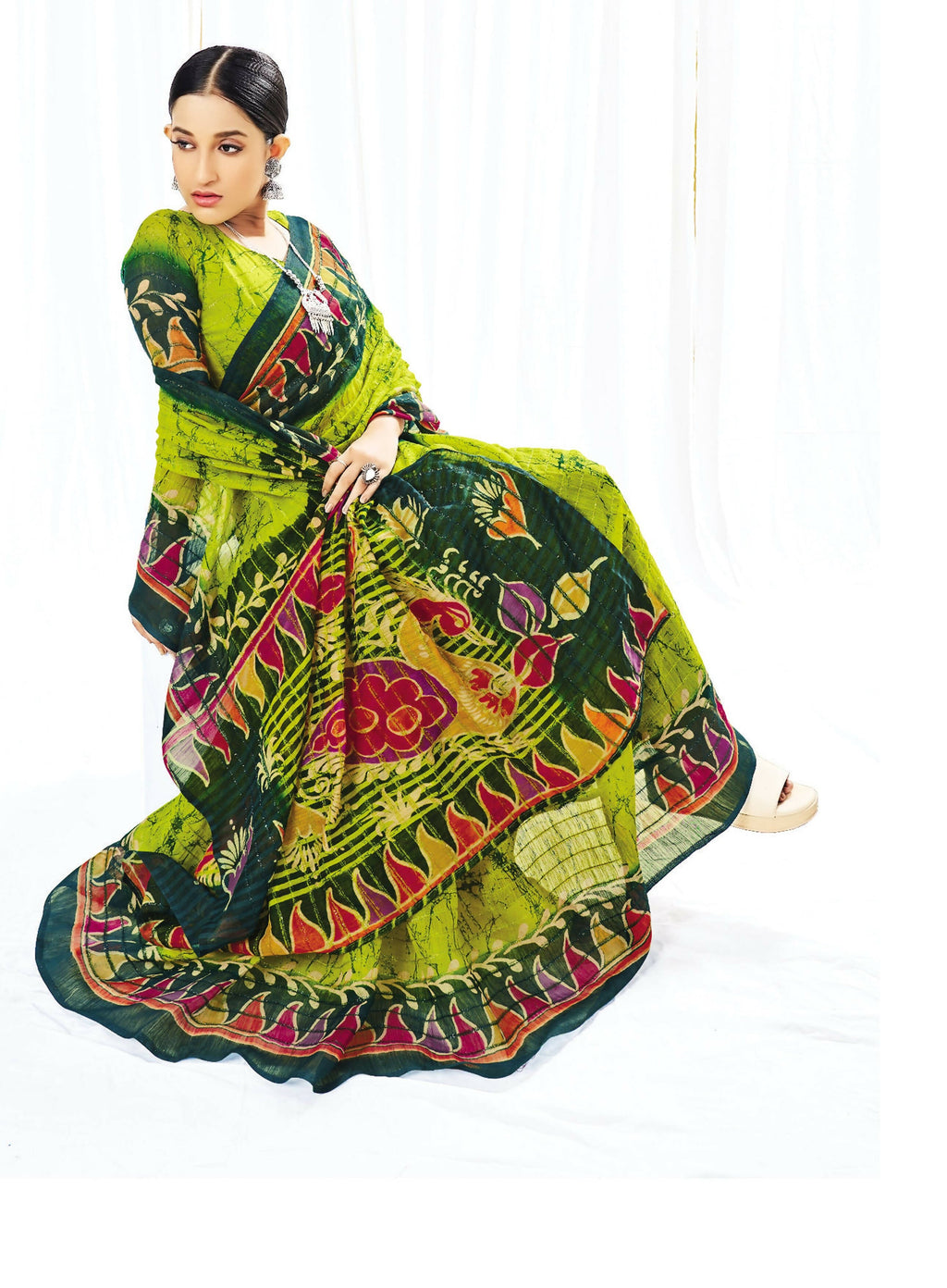 Green Chanderi Cotton Floral Printed Saree With Unstitched Blouse Piece - Kathika | Grocsy