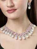 NVR Women's Silver-Plated Pink American Diamond Studded Handcrafted Jewellery Set | Grocsy