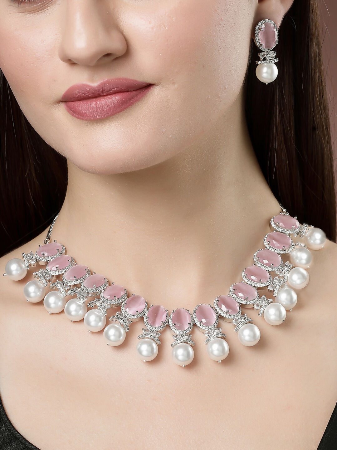 NVR Women's Silver-Plated Pink American Diamond Studded Handcrafted Jewellery Set | Grocsy