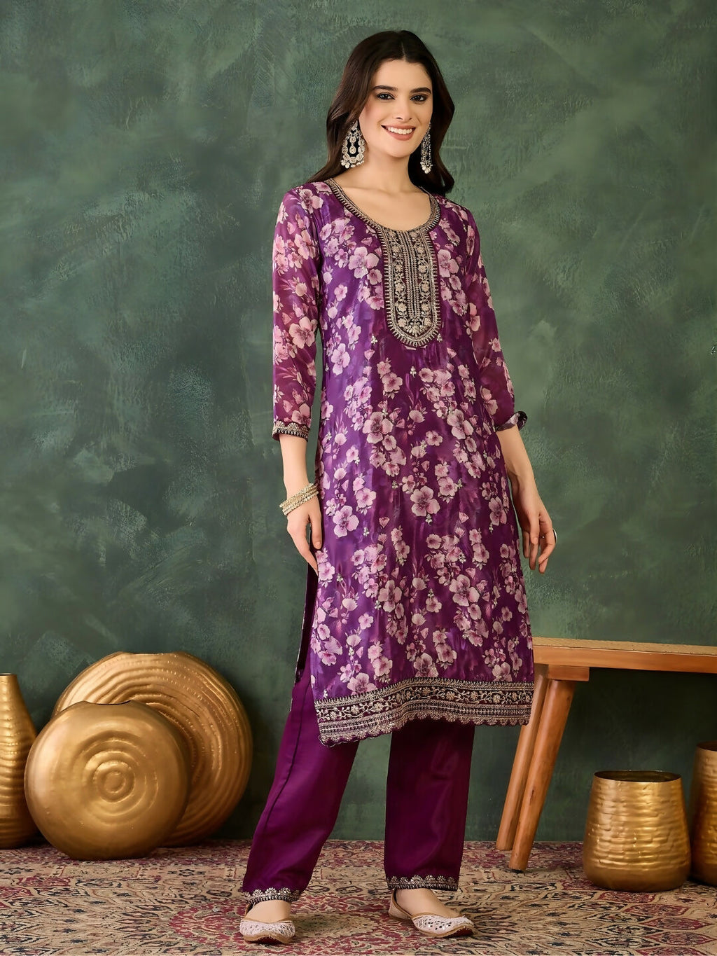 The52 Women's Beautiful Embroidery Work Chinon silk Fabric Straight Kurta Pant and Dupatta Set | Grocsy