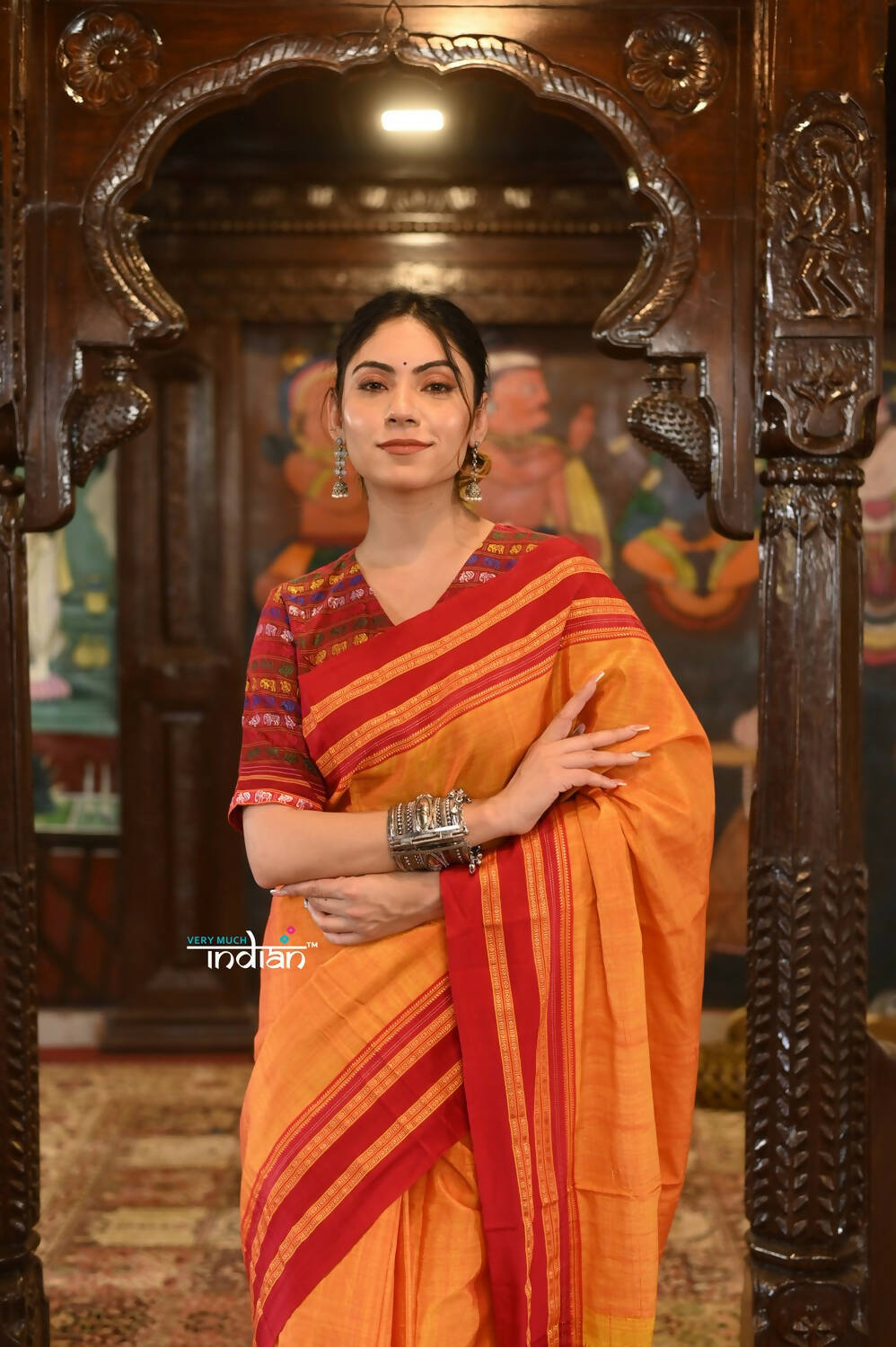 Very Much Indian Handloom Cotton Viscose Ilkal Saree Bright Mustard Yellow With Red Border | Grocsy