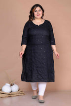Miravan Women's Plus Size Black Mirror Work Embroidered Pakistani Straight Kurti | Grocsy