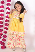 Little Bansi Girls Rose print Kurta Frock with Floral Plazzo and Dupatta - Yellow | Grocsy