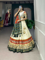 Vastranavya Ethnic Wardrobe with Our Stunning Patola Printed and Foil Work Tussar Silk Lehenga with Unstitched Choli - Off White | Grocsy