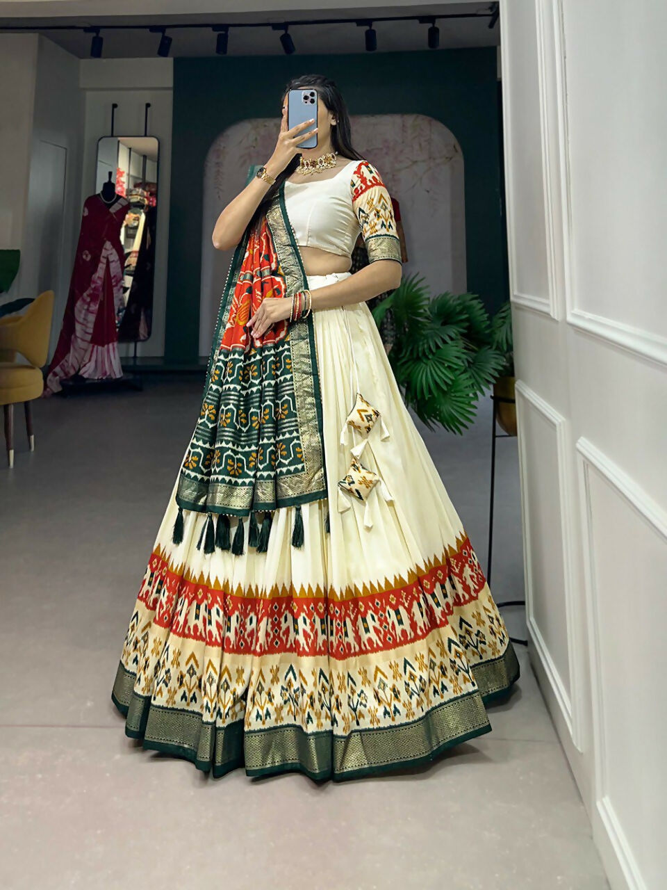 Vastranavya Ethnic Wardrobe with Our Stunning Patola Printed and Foil Work Tussar Silk Lehenga with Unstitched Choli - Off White | Grocsy