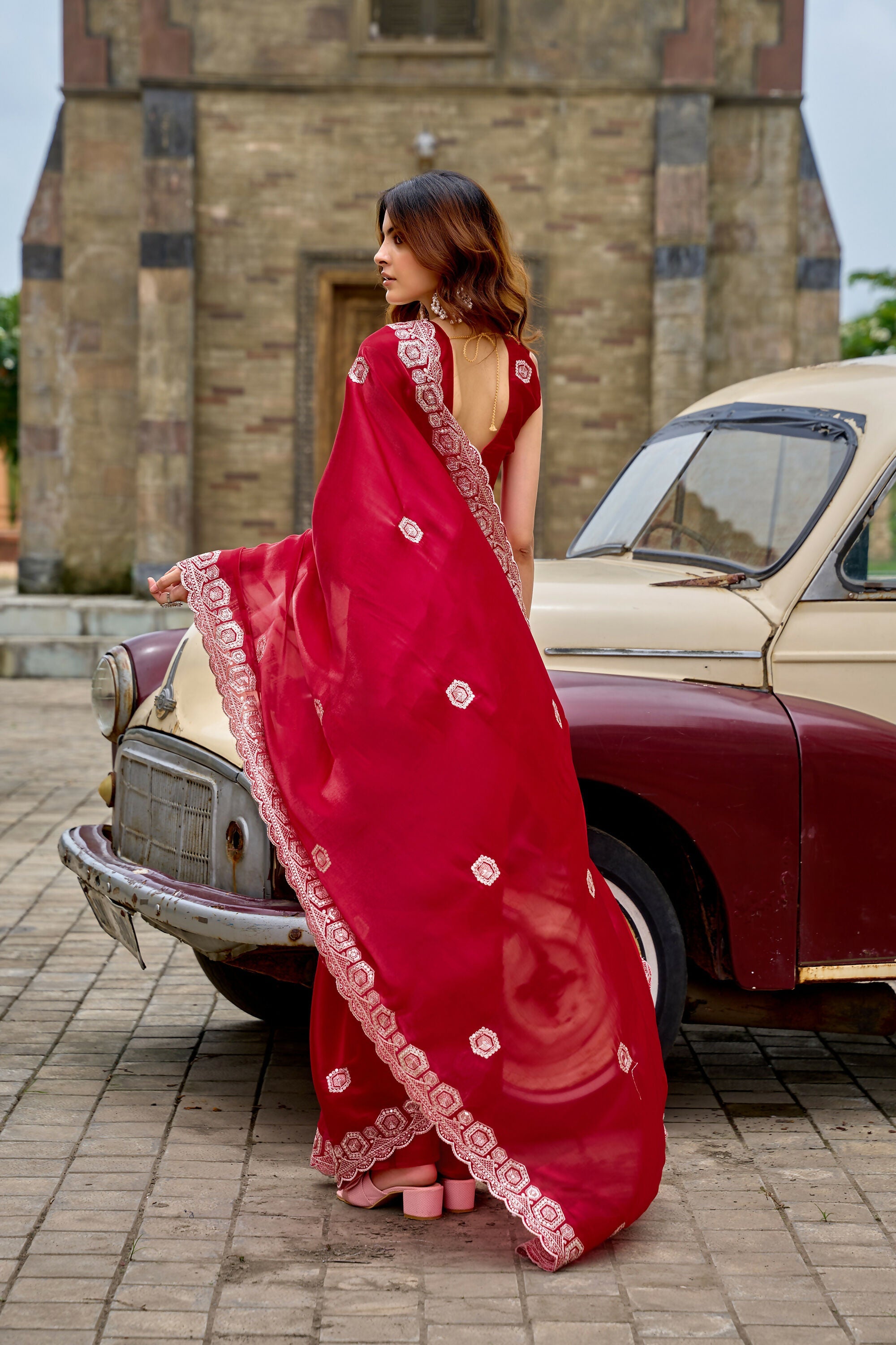 Vastranavya Red Embroidery Work Shimmer Chiffon Saree with Unstitched Blouse | Grocsy