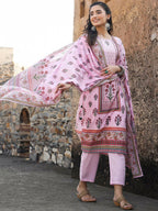 Juniper Women's Lilac Cambric Floral Placement Printed Straight Fit Kurta Sets | Grocsy
