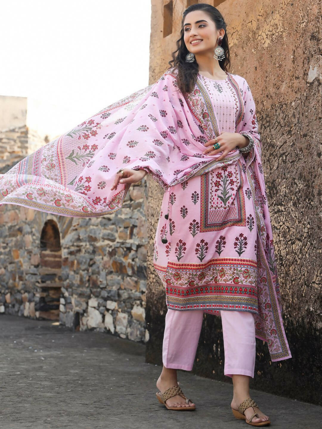 Juniper Women's Lilac Cambric Floral Placement Printed Straight Fit Kurta Sets | Grocsy