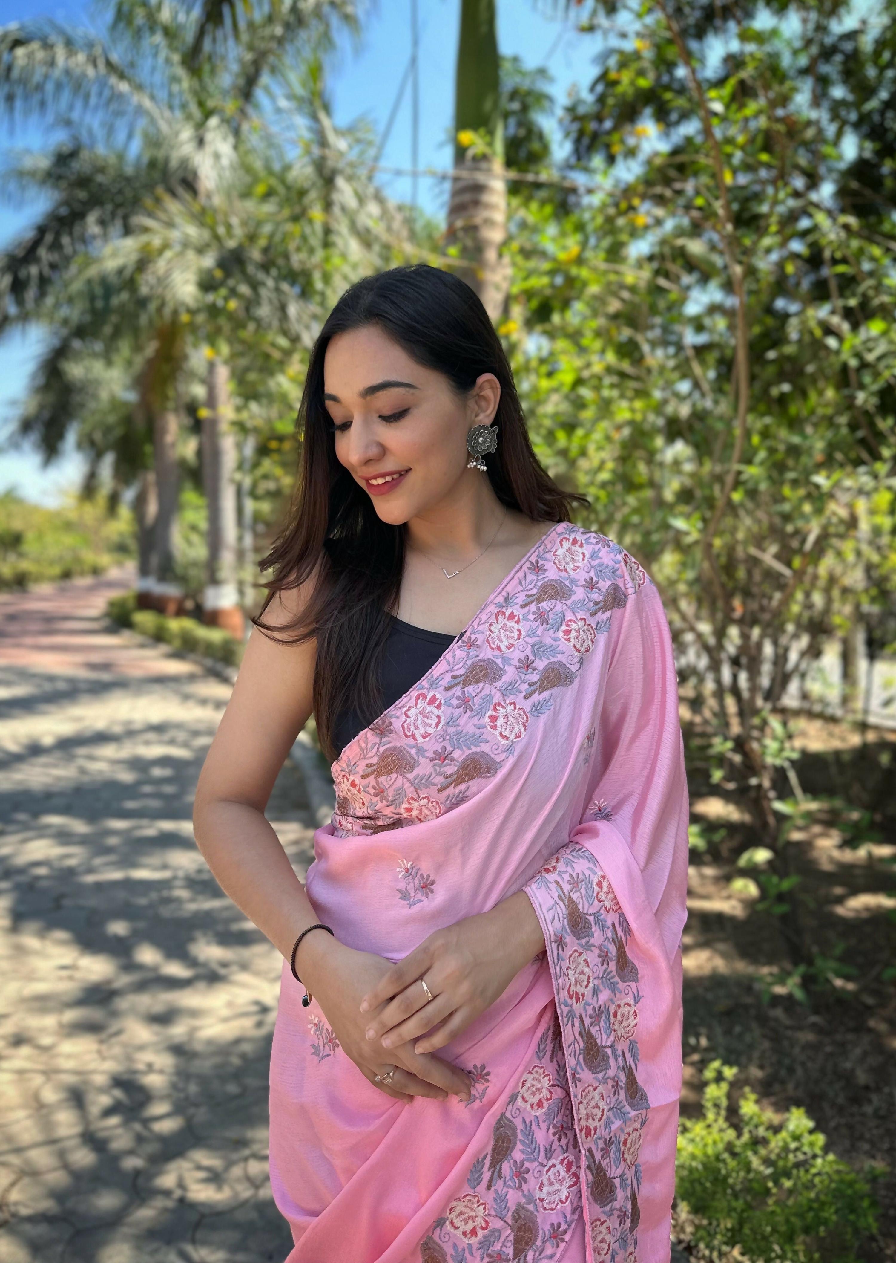 Vamsee Chinon Panchi Baby Pink Shimmer Saree | Grocsy