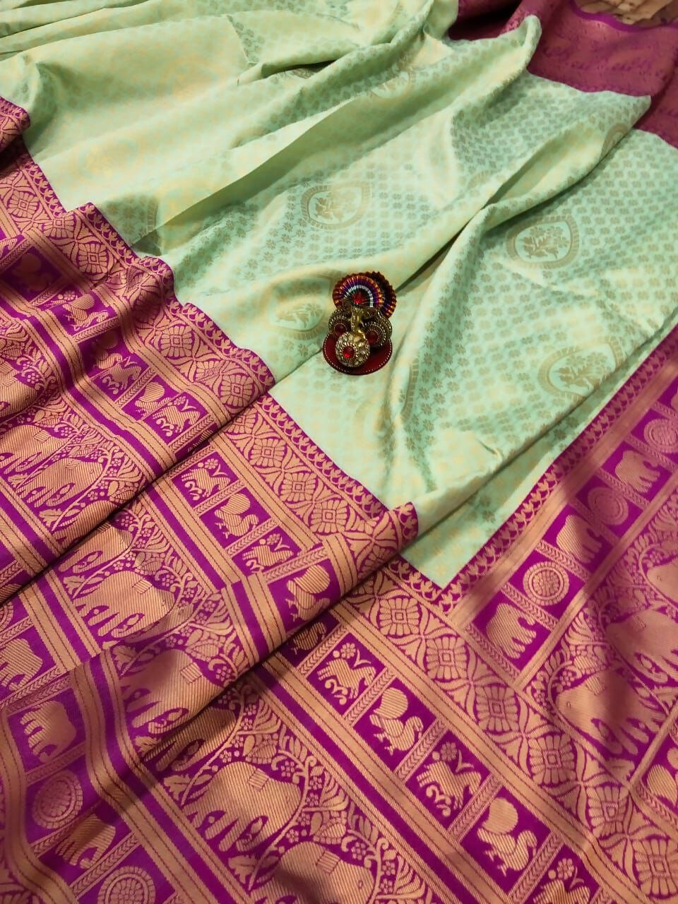 DEIANA'S Beautiful Designer Golden zari Soft Lichi Silk Saree - Pista | Grocsy