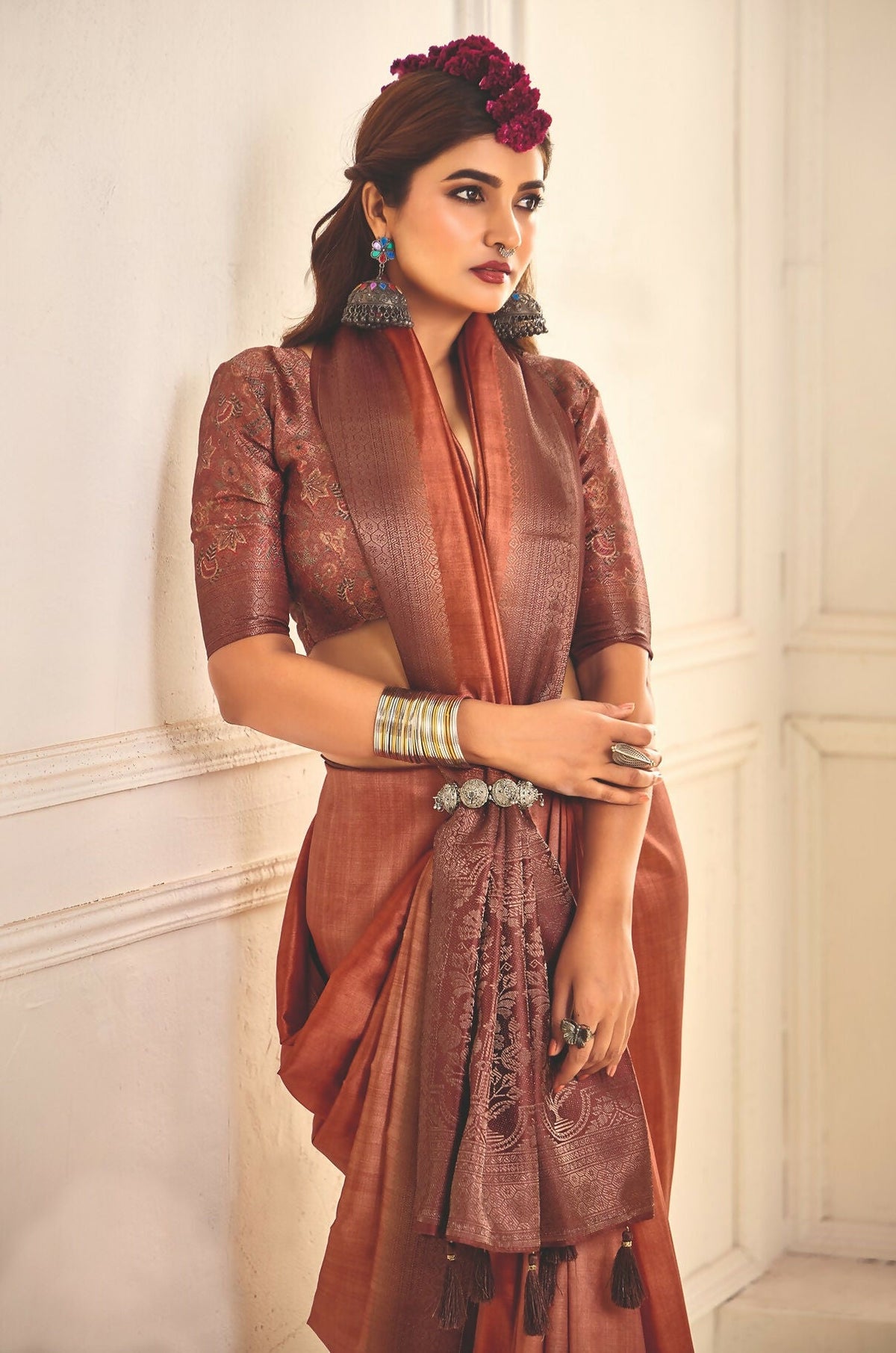 Joban Fashion Satin Silk With Zari Border Peach Colored Designer Pallu Saree | Grocsy