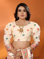 Elora Cream Pashmina Silk Meenakari Weaving Madhubani Design Kashmiri Saree | Grocsy