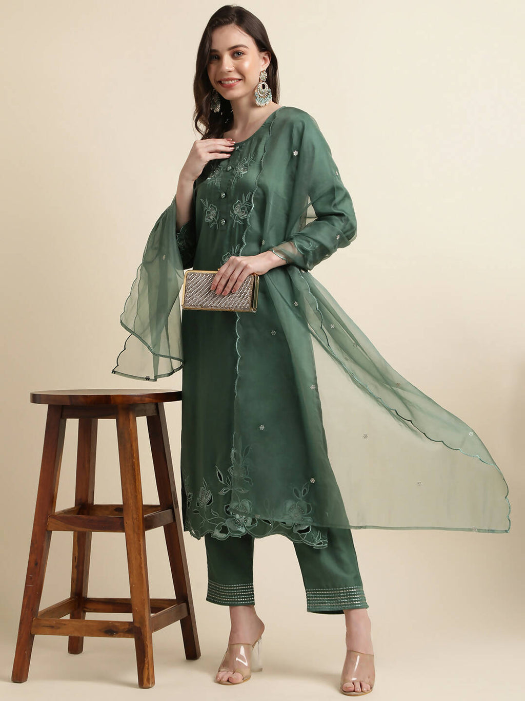 Green Chinon Silk Embroidered Straight Kurta with Trouser & Dupatta - Salimar | Grocsy