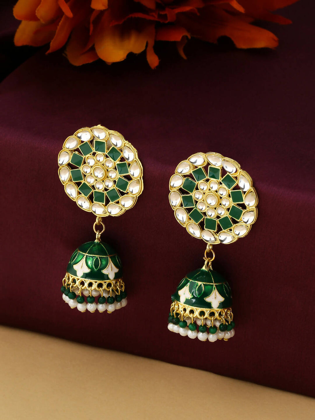 NVR Women Gold-Polished Green Dome Shaped Meenkari Jhumkas Earrings | Grocsy