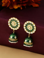 NVR Women Gold-Polished Green Dome Shaped Meenkari Jhumkas Earrings | Grocsy