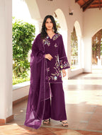Nikhaar Magenta Embroidered Art Silk Stitched Straight Cut Kurta Culottes Dupatta Readymade Suit | Grocsy