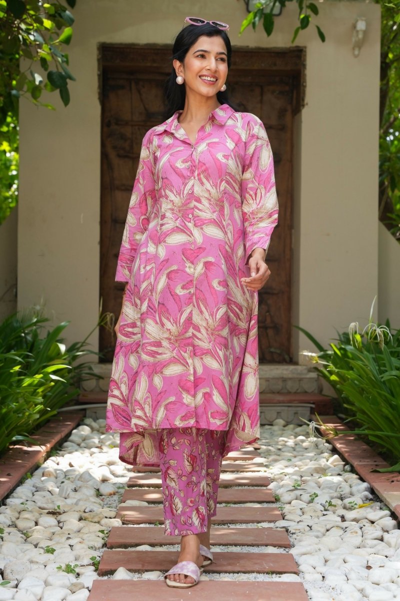 Aramya Pink Soft Cotton Foliage High Low Kurta for Women | Grocsy