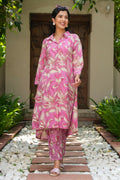 Aramya Pink Soft Cotton Foliage High Low Kurta for Women | Grocsy