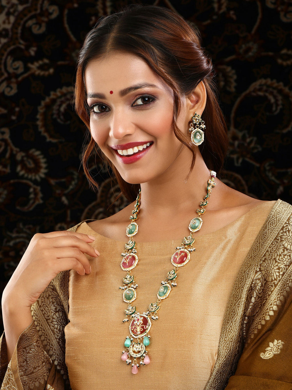 Ruby Raang Gold Polished Kundan Work Multi-Color Long Mint Stonework Necklace With Earrings | Grocsy