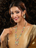 Ruby Raang Gold Polished Kundan Work Multi-Color Long Mint Stonework Necklace With Earrings | Grocsy