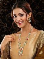 Ruby Raang Gold Polished Kundan Work Multi-Color Long Mint Stonework Necklace With Earrings | Grocsy