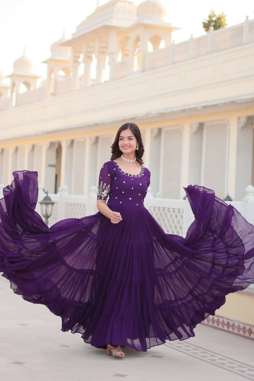 Vastranavya Premium Designer Faux Blooming with Embroidery Zari Sequins work Gown - Purple | Grocsy