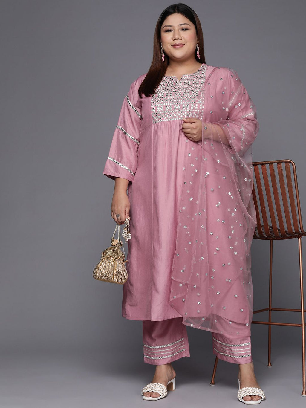Sztori Plus Size Ethnic Motifs Embroidered Mirror Work Straight Kurta & Trousers & Dupatta | Grocsy