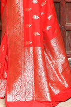 Joban Fashion Red Handwoven & Zari Work Soft Pure Handloom Banarasi Silk Saree | Grocsy
