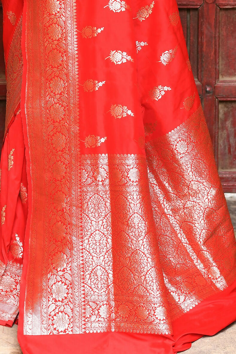 Joban Fashion Red Handwoven & Zari Work Soft Pure Handloom Banarasi Silk Saree | Grocsy