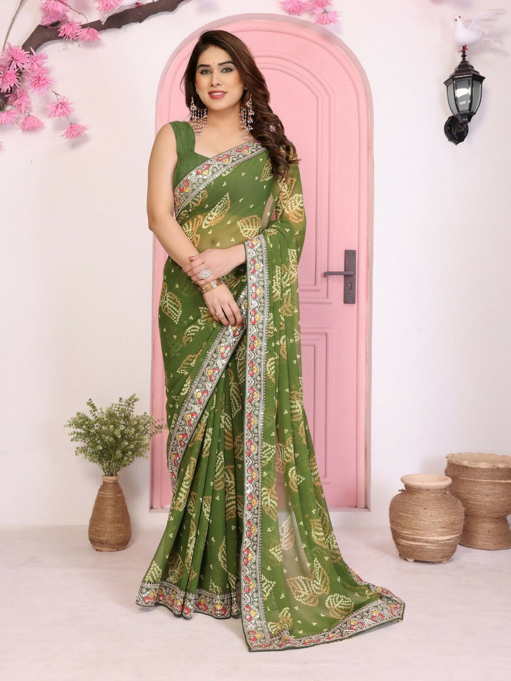 Ai Fashion Mehendi Georgette Rajwadi Bandhani Print Party Wear Saree | Grocsy