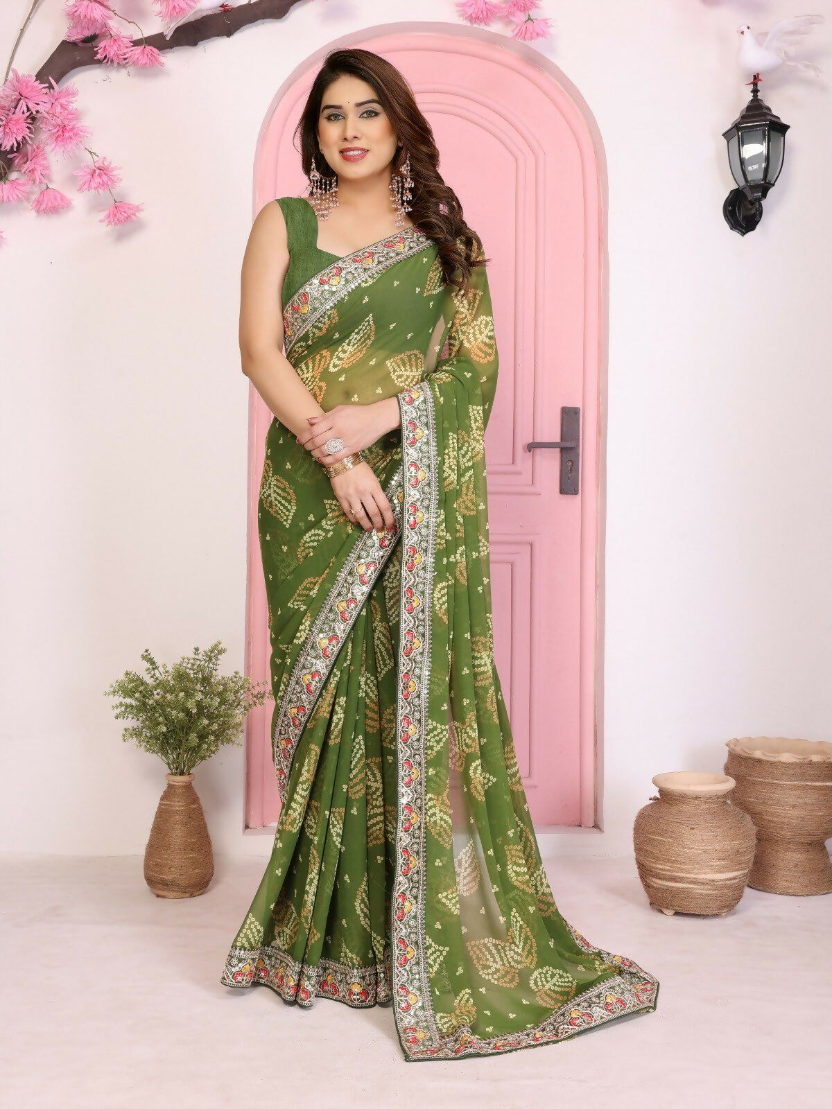 Ai Fashion Mehendi Georgette Rajwadi Bandhani Print Party Wear Saree | Grocsy