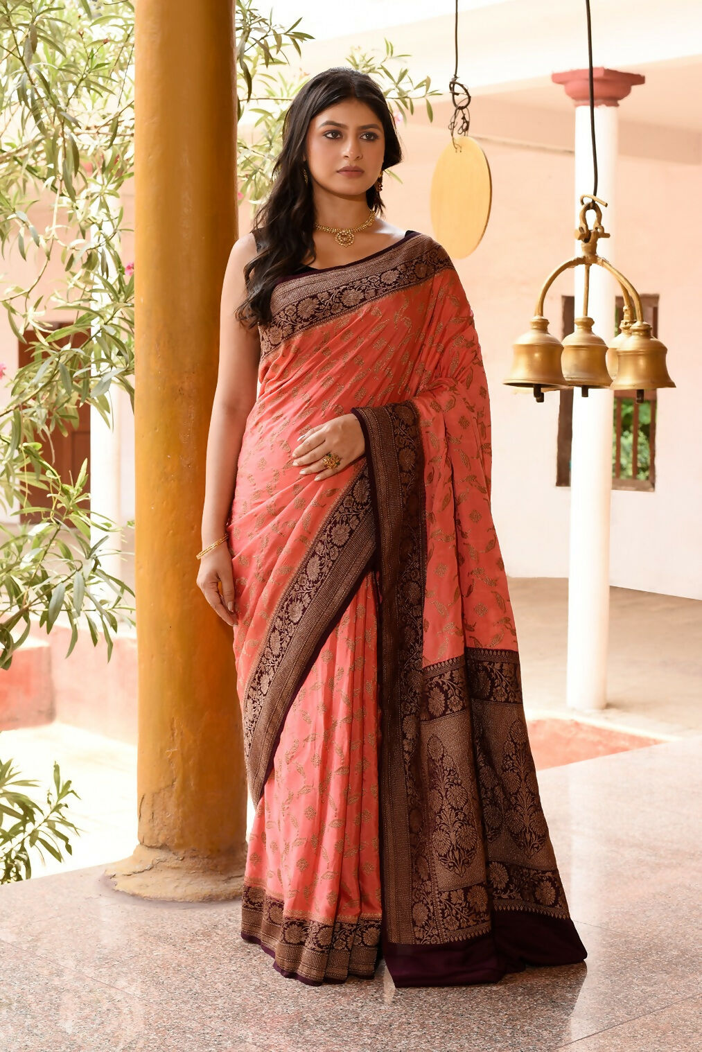 Joban Fashion Coral Crepe Chiffon Pure Handloom Banarasi Silk Saree | Grocsy