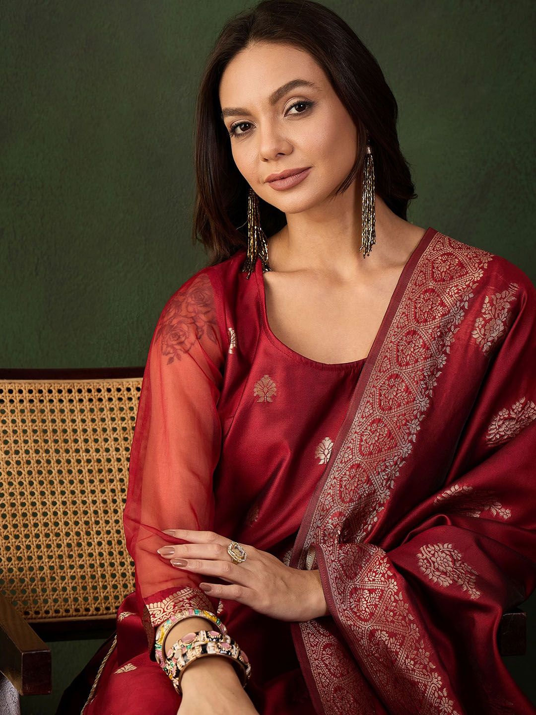 Sangria Woven Design Kurta & Palazzo With Dupatta | Grocsy