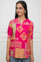 Myshka Women Red Floral Mandarin Collar Regular Sleeves Viscose Rayon Top | Grocsy